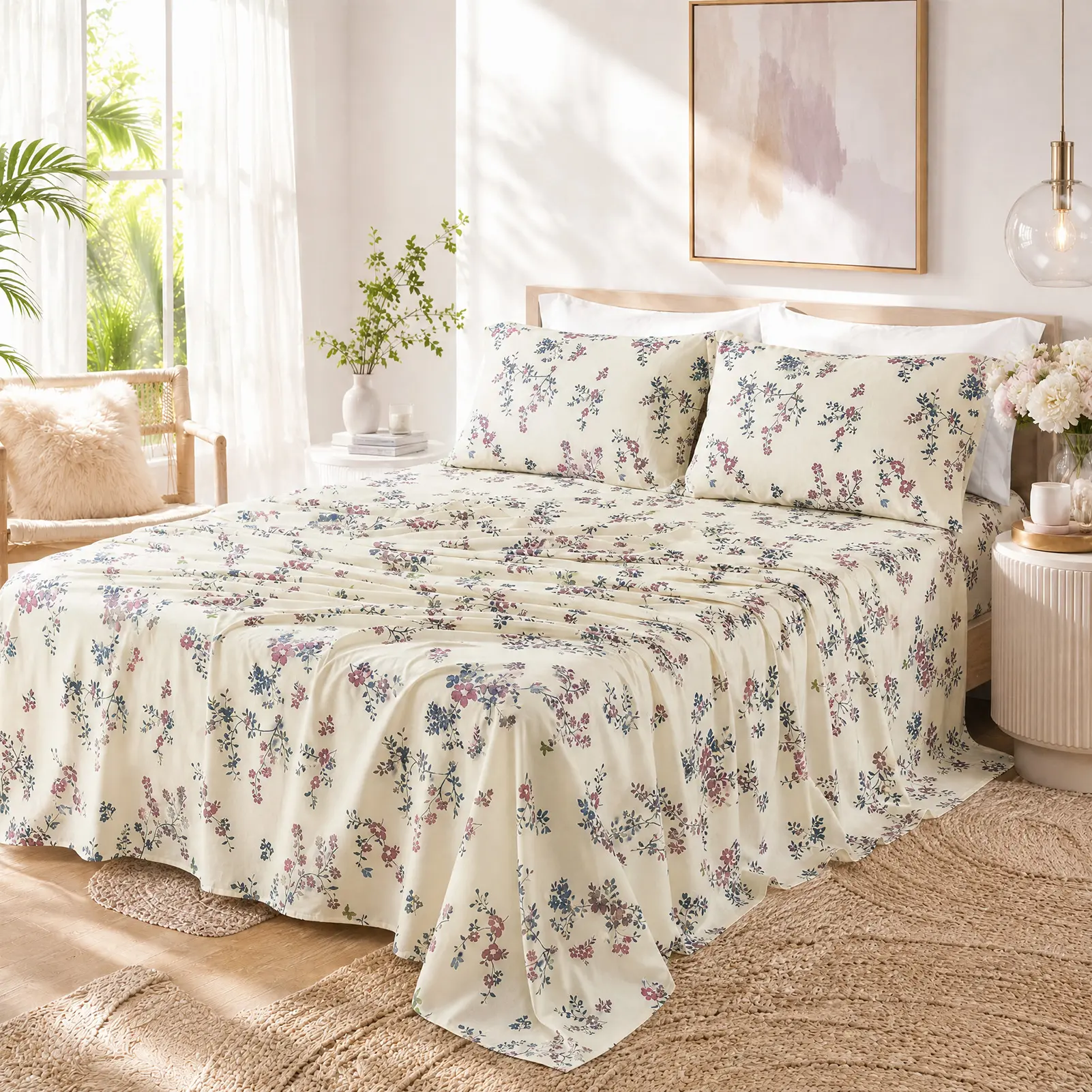 Bedlifes Washed Stone Linen Floral Sheets – Soft Breathable Cooling French Flax Bed Sheets, 4-Piece Set Luxury Hotel Quality Bedding, 16"-24"Deep Pocket All Season