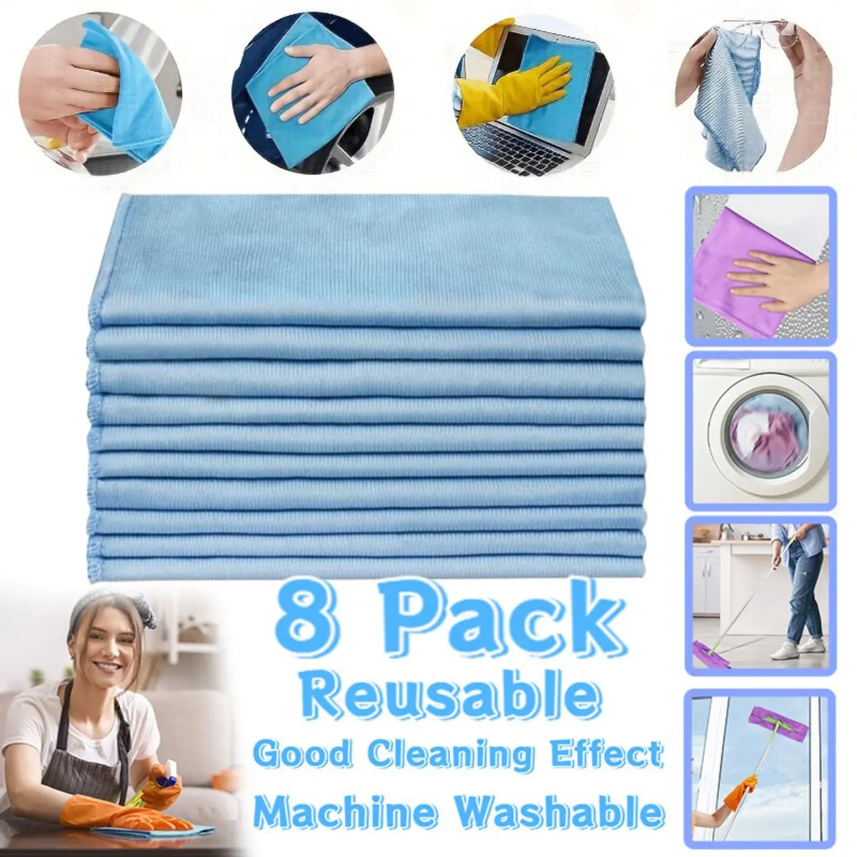 Ultra-Fine Fiber Cleaning Cloths (8-Pack, 15.75in x 15.75in) - Durable, Cost-Effective, Machine Washable Multi-Surface Cloths for Wipe Cleaning Windows, Windshields