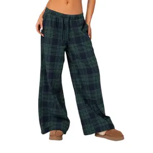 Women’s Plaid Pajama Bottoms, Plaid Print, Elastic Waist, Loose Wide-Leg Lounge Pants, PJ Bottoms, Women’s Casual Trousers