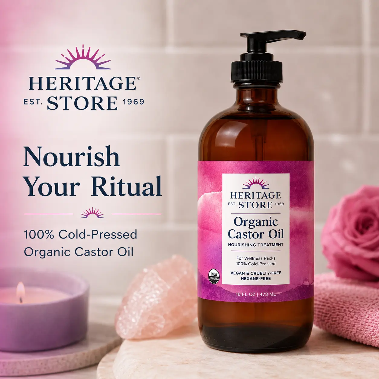 Heritage Store Organic Castor Oil - Nourishing Beauty Products, Wellness Body Moisturizer, Selfcare Treatment (16oz + Pump Now Available)
