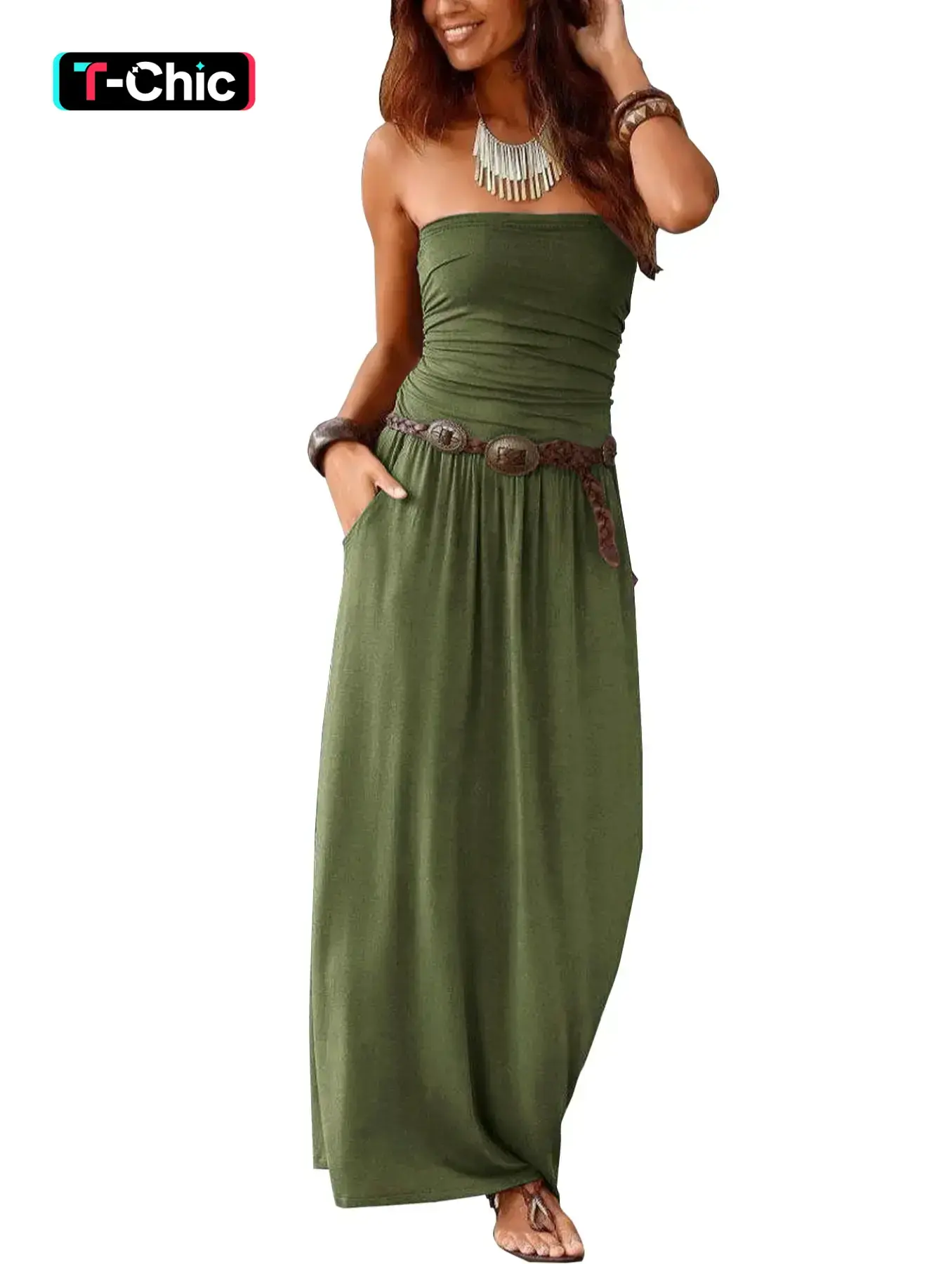 Women's Tube Dress, Casual Fashion Strapless Side Pocket Dress for Daily Outdoor Wear, Ladies Clothes for All Seasons, Elegant Fit Dress, Solid Sleeveless Dress, Womenswear