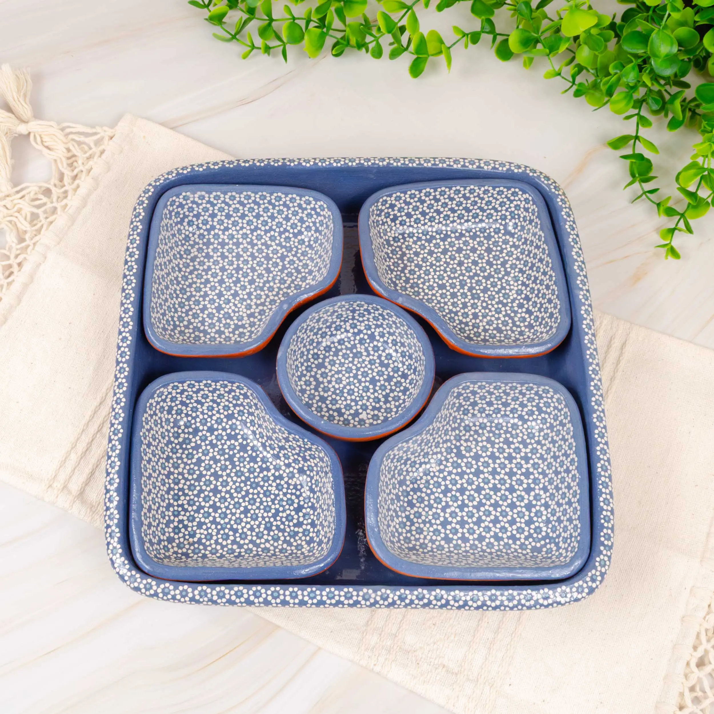 100% Handcrafted Artisanal 6-Piece Modular Cutlery Tableware Serving Set - Glossy Polka Dot Bowls, Folk Art Plates, Hand-Painted Unique Tray, Modular Fit, All-Season Kitchenware