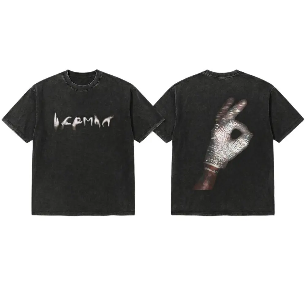 Men's Iceman Graphic Tee - Vintage Wash Thick Heavyweight Alternative Baggy Casual Oversized T-Shirt, Opium Streetwear Vibe Aesthetic with Rhinestone Glove Print