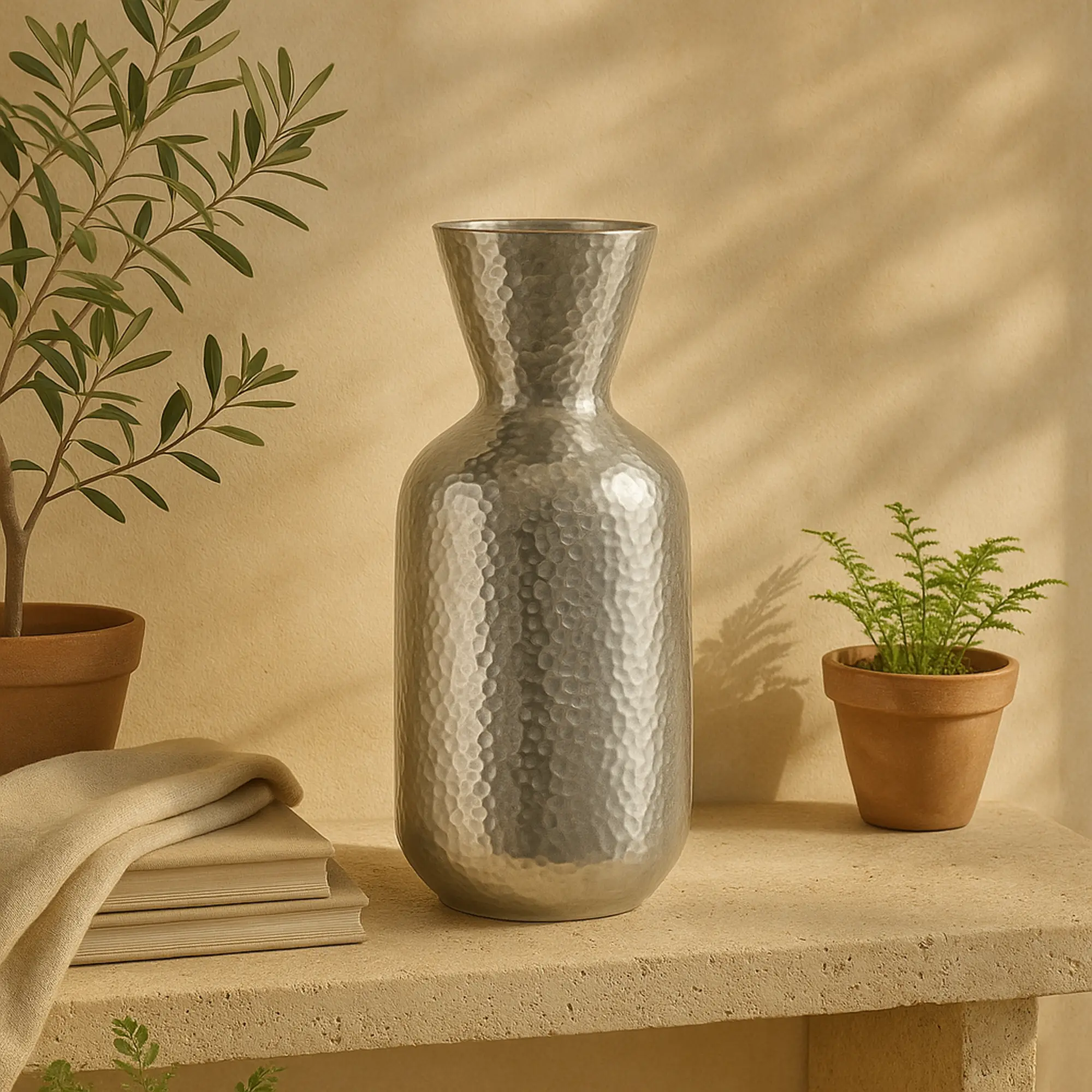 Hammered Shiny Silver Aluminum Decorative Vase - Cone-Shaped 4.20 in Mouth Opening, Round Fully Assembled Centerpiece, Durable Rubber-Bottomed Vase for Table & Room Glam Decor (Wipe-Clean Surface)