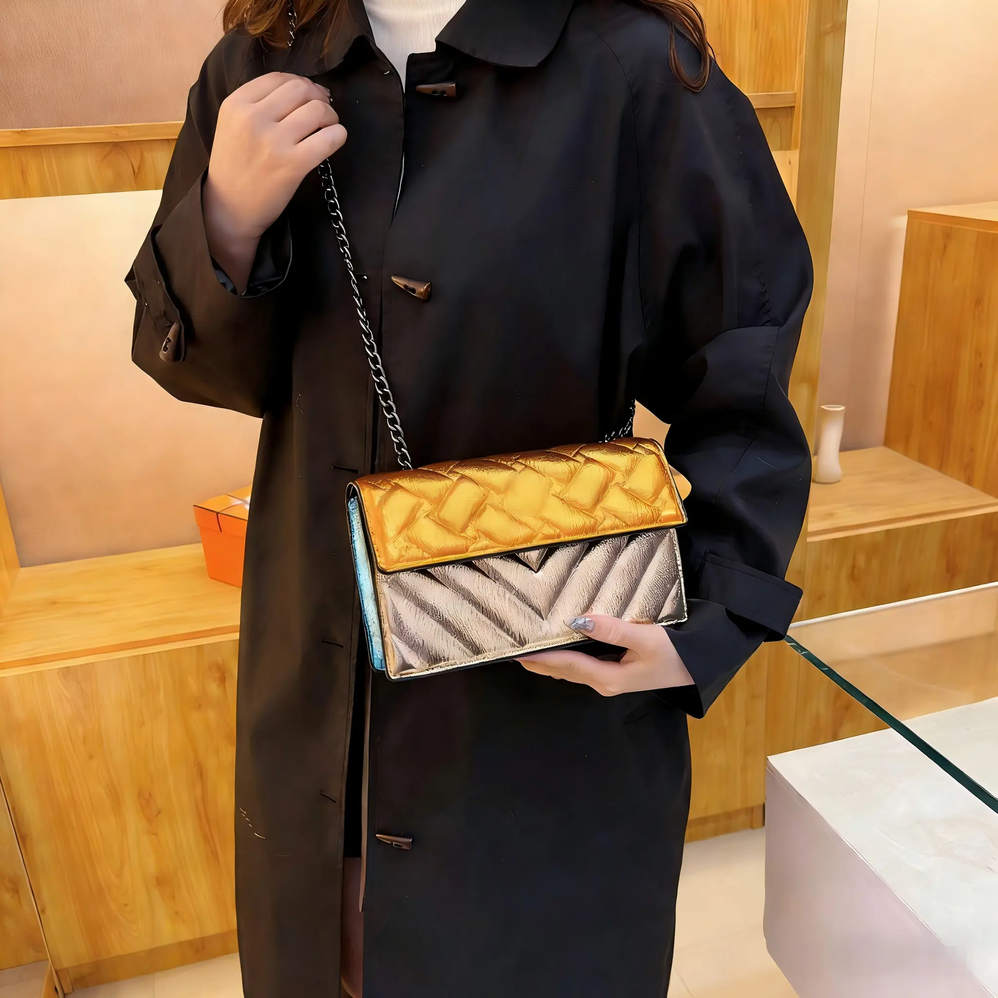 Metallic Iridescent Multi‑Tone Quilted Flap Crossbody Bag Snake Head Emblem Gunmetal Chain Shoulder Purse Trendy Colorblock Party Handbag For Women