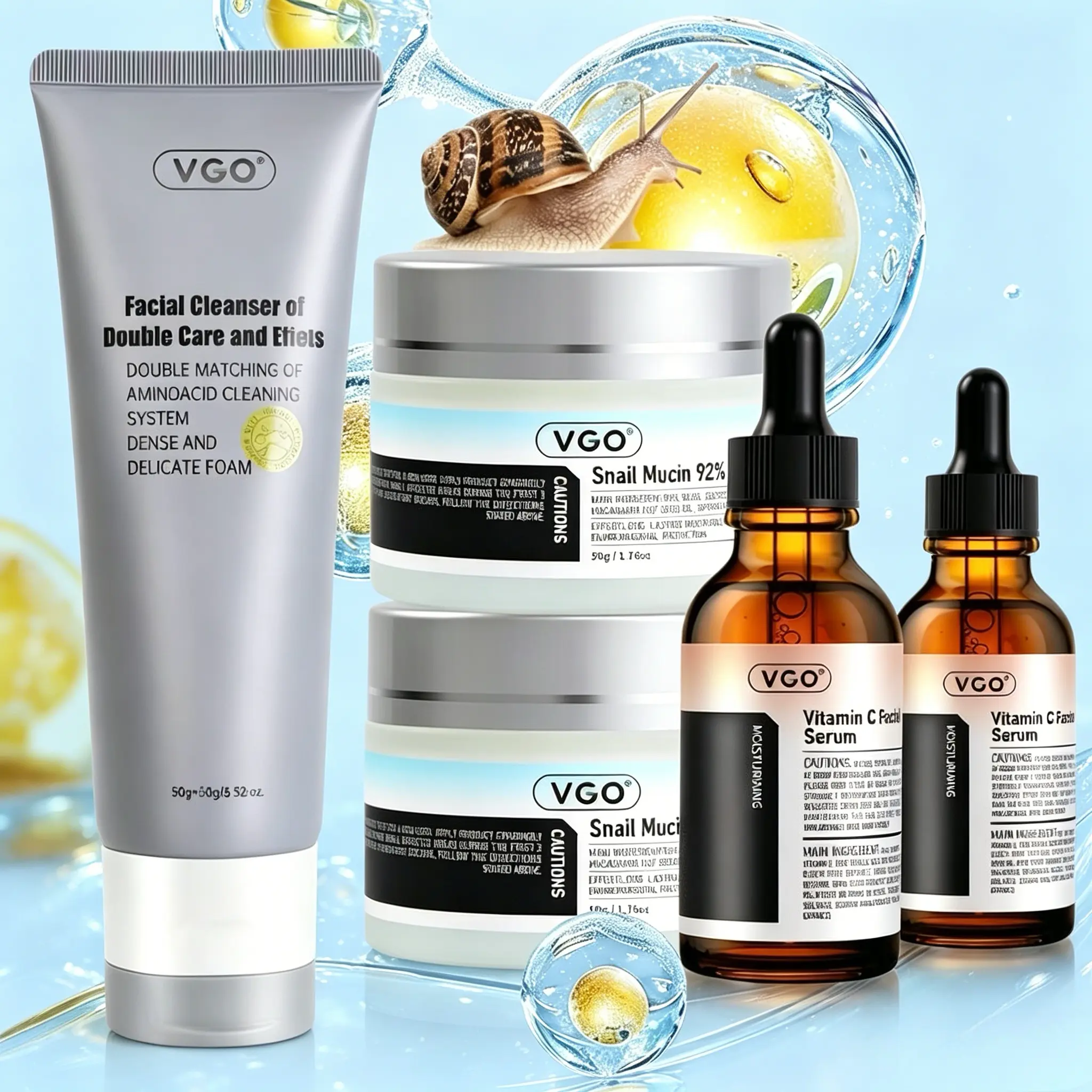 VGO 3-Piece Facial Skin Care Kit - Vitamin C & Snail Mucin Facial Cleanser, Moisturizing Serum, Gentle Unisex Anti-Aging Brightening Set for Sensitive Daily Cleansing & Glow Up, Hydrating, Radiant Skin, None, Normal, Hydrate, Face Care Products, Skin Tran