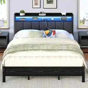 LED Bed Frame With Charging Station, Upholstered Platform Bed Frame With Storage Headboard, Modern Bed Frame With Heavy Duty Metal Slats Support, No Box Spring Needed, Easy Assembly, Black/ White/ Beige, Twin/ Full/ Queen/ King, Queen Bed Frame, Bed Frame