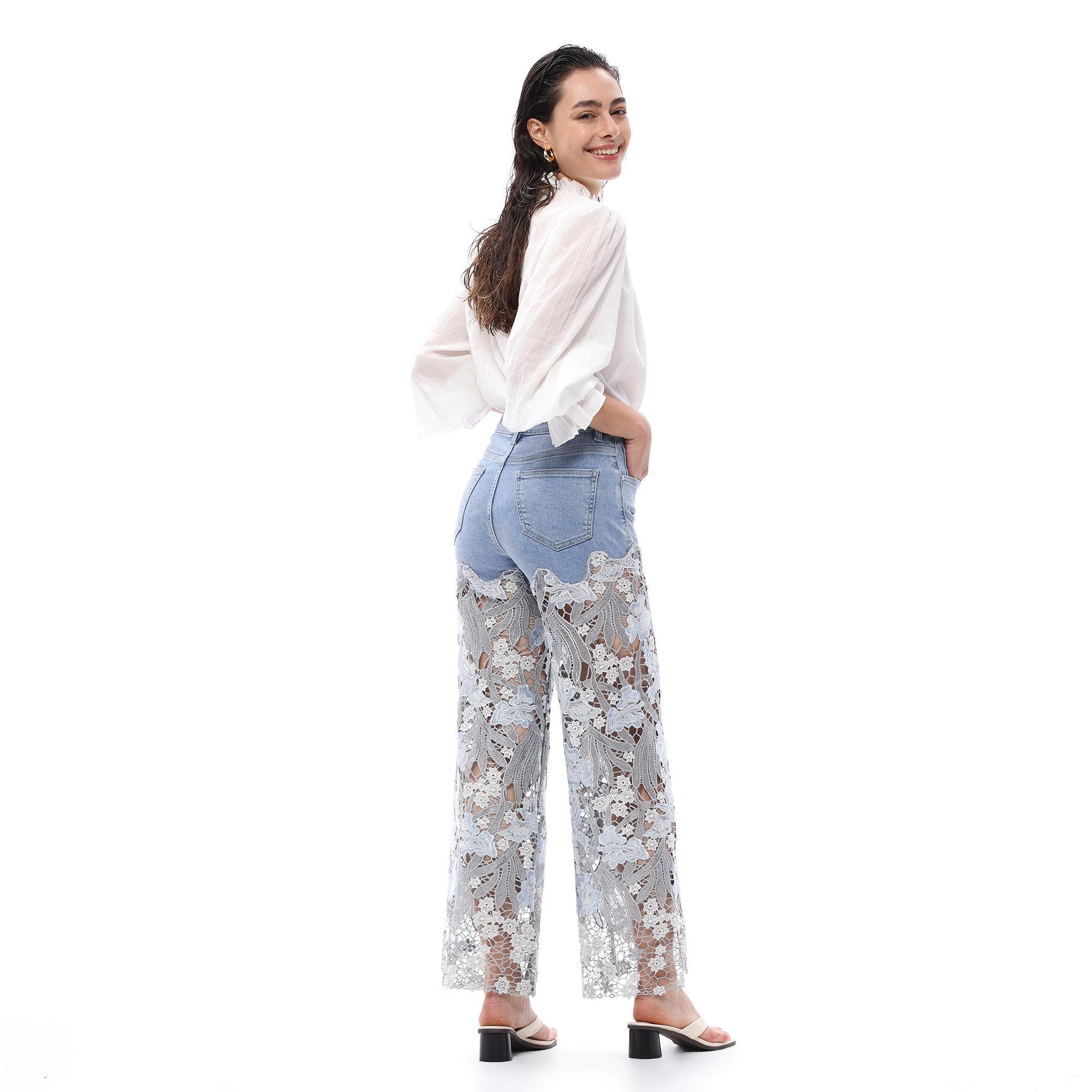 High Waist Wide Leg Lace Denim Jeans for Women Stretchy Rhinestone Black Pants Summer Style Cotton Viscose Polyester Trouser Gift BBL