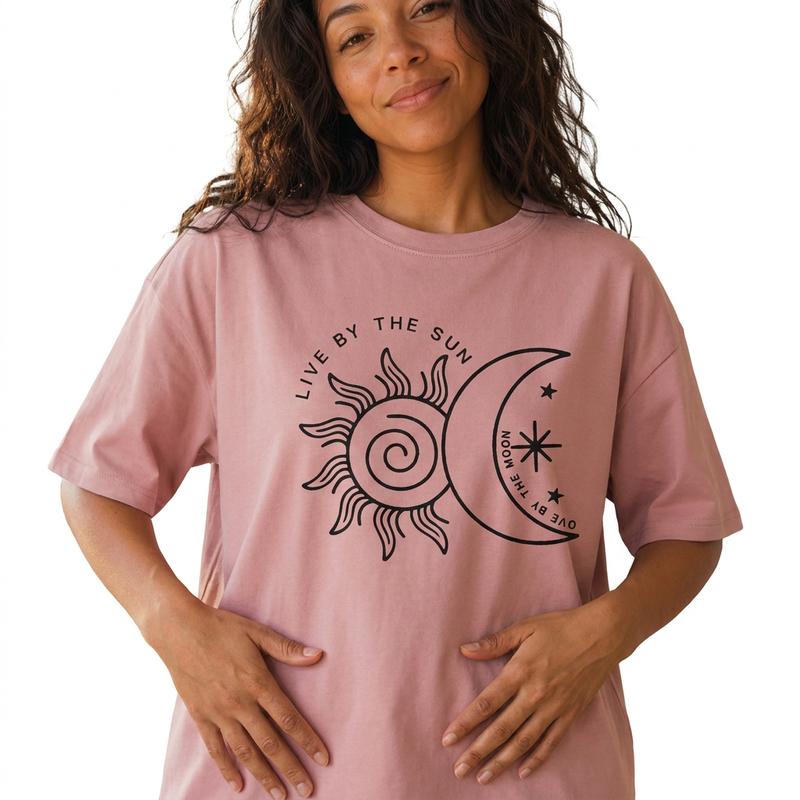 Celestial Sun and Moon Graphic Tee Women Boho Live By The Sun Shirt Plus Size