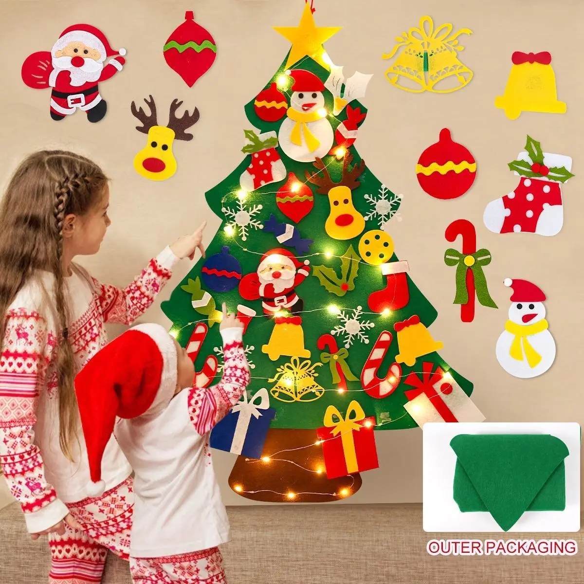 DIY Felt Christmas Tree Kit - 3.28ft Foldable LED-Lighted Contemporary Irregular Non-Toxic Reusable, 32pcs Detachable Ornaments, Sticky Pads Included, Festive Wall Decor for Home, Ideal for Holiday Gifting & Store Displays, All Seasons Use, Kid Room