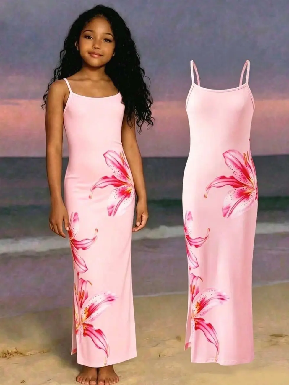 Teen Girls Floral Print Camisole Mini Dress, Fitted Summer Beach Dress for Holiday