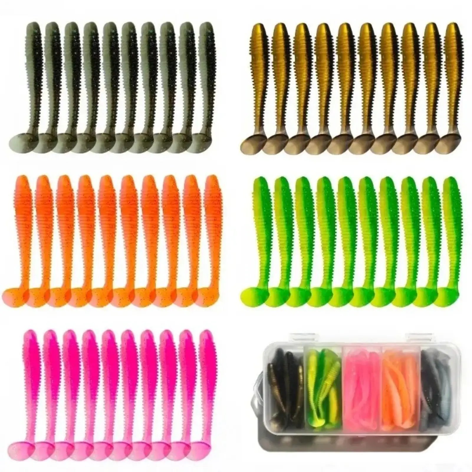 50 Pack Threaded Soft Swimbaits, Durable PVC Paddle & T-Tail Artificial Bait Kit for Saltwater and Freshwater Fishing, 3 Sizes - 6.5cm, Lures, 5.5Cm, Enhances Swimming Action, Paddle Tail Design, Reusability, Salmon, Multi-Size