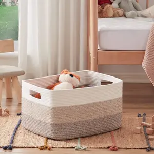 Cat's Home  Large Rectangle Blanket Basket, Woven Nursery Cotton Rope Baskets for Storage, Living Room, Toy Organizing with Handle-22"x17"x12"-