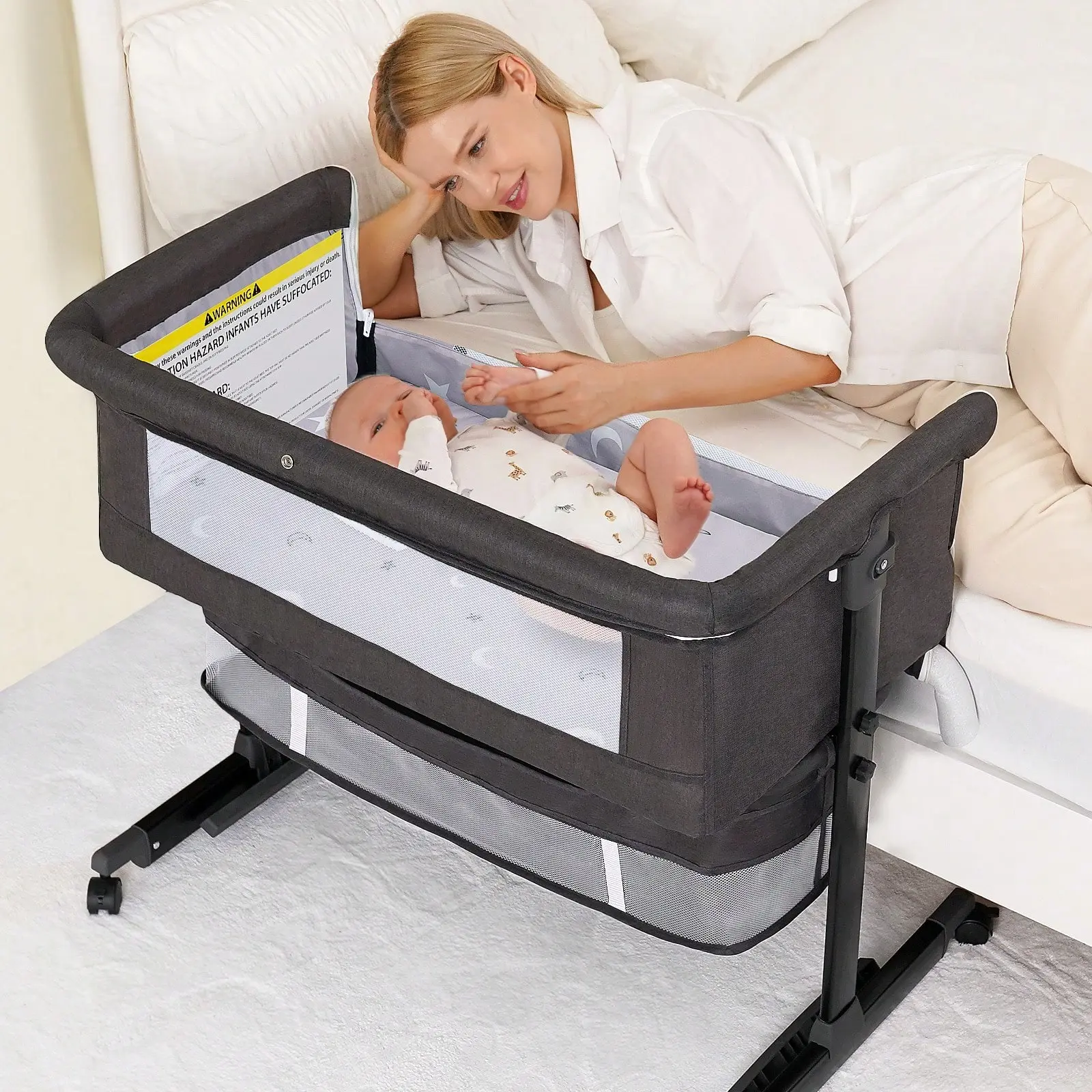 3-in-1 Portable Foldable Baby Bassinet Bedside Sleeper, Adjustable Height Crib for Newborns with Breathable Mesh, Storage Basket & Mosquito Net (Camping & Hiking Sleeping Gear), Foldable Crib, Bassinet For Baby