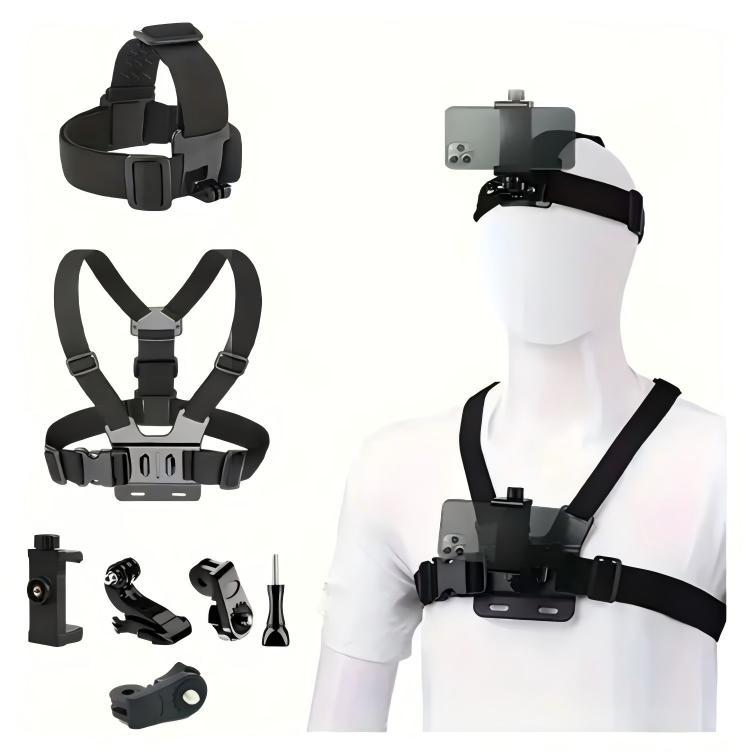 6-in-1 chest-mounted phone holder kit, suitable for sports and action cameras; adjustable strap; compatible with phones and Osmo action cameras; includes camera accessories and device mounts; hands-free first-person shooting; ideal for vlogging, cycling,