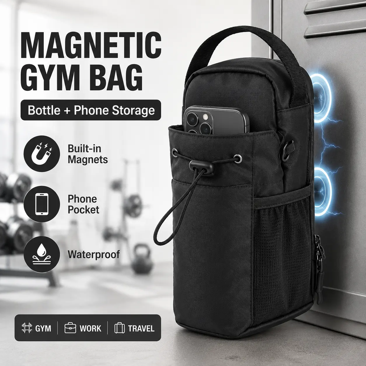 Magnetic Gym Bag Water Bottle Carrier Holder with Phone Pockets & Shoulder Strap,Gym Magnetic Bag Built-in Magnets Gym Accessories Organizer Sling Bottle Bag Pouch Sleeve, Waterproof Magnetic Bag for Sports,Work, Travel