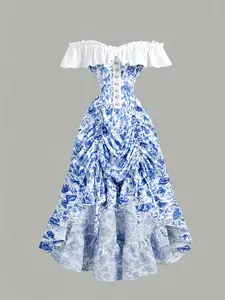 Women's Vintage Off-Shoulder Long Dress, Gothic Camping, Bohemian Robe, Y2K High Street Fashion, Transparent Straps, Lady, Halloween Easter, Womenswear