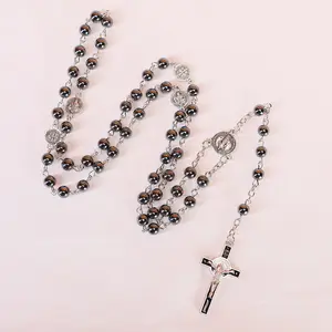 St Michael Rosary Hematite Stone Beads Necklace Metal Beaded Glory Beads Archangel Medal & Cross with Metal Gift Box