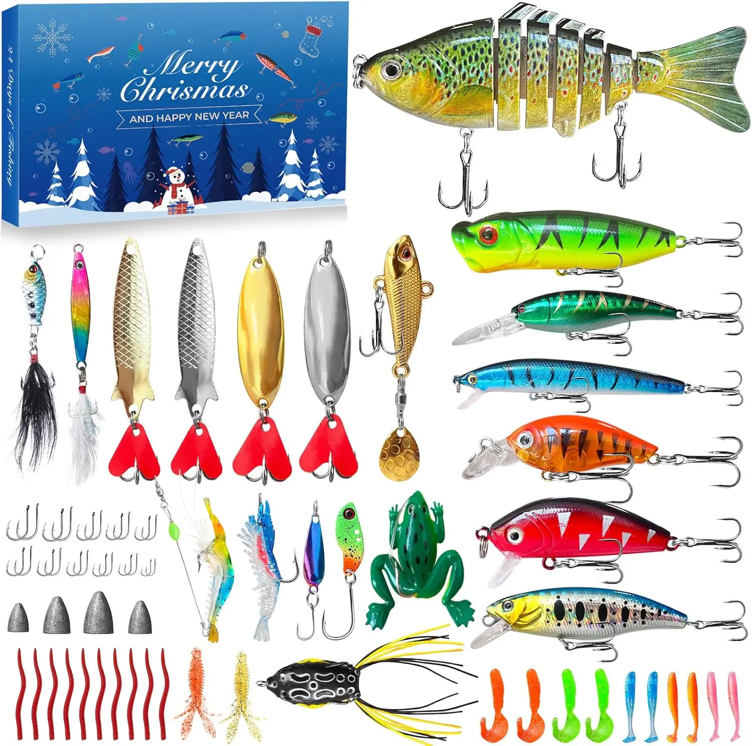 68-Piece Fishing Advent Calendar 2025, Tackle Kit with Soft Plastics, Topwater Lures, and Multi-Jointed Swimbait, 24-Day Christmas Gift for Men & Boyfriends, Brothers, Sons, Husbands, Fishing Hooks, High-Carbon Steel, Realistic Patterns, 26 High-Carbon St