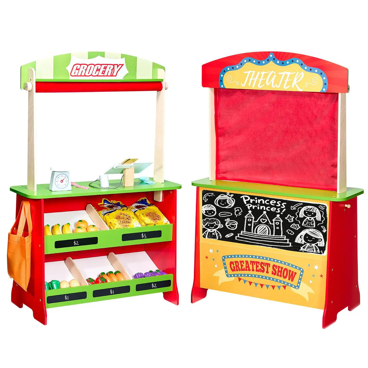 VEVOR Wooden Puppet Theater with Curtains - 2-in-1 Reversible Multi-Activity Playset, Dual Scenarios Double-Sided Grocery Store with Chalkboard & Cash Register, 35 Accessories, Kids Role-Play Interactive Play Great Gift for 3-4 Years Olds, Birthdays