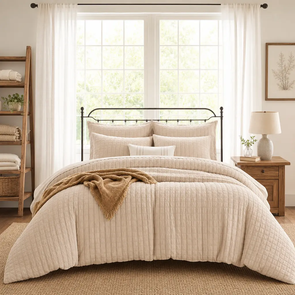 MUXHOMO 7-Piece Queen Size Comforter Set, Beige Seersucker Bed-in-a-Bag, Girly Bedroom Decor, All-Season Luxury Bedding with Comforter, Flat Sheet, Fitted Sheet, Pillowcases & Shams, Bed Set, Comforter Queen Size