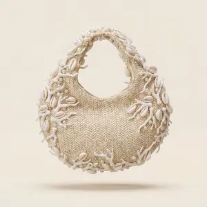 Lamu Cowrie Shell & Coral Raffia Top Handle Bag in Ivory | Bridal