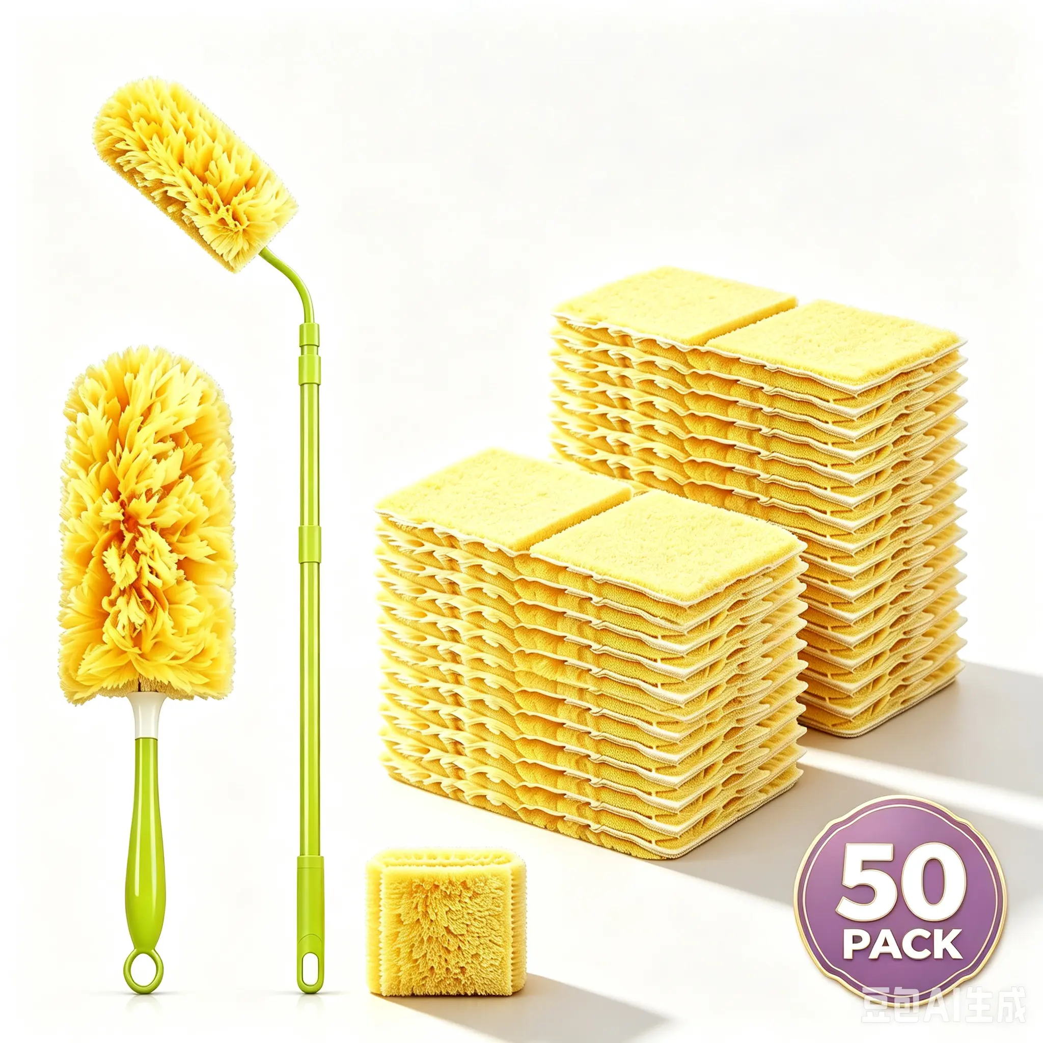 50-Count Durable Electrostatic Heavy-Duty Disposable Synthetic Microfiber Duster Refills Pack, Compatible with Swiffer Duster, with 1 Short Handle & 1 Extendable Handle, Convenient Home Cleaning Supplies for Knickknacks Car Convenience Household, Daily Du