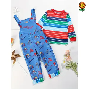 DZP-Boys' Chucky Costume Set: 1 Colorful Striped Top + 1 Blue Random Print Suspender Pants with Front Chest Bib Design, Legs Matching the Shirt’s, Halloween and Carnival Party Outfit for Boys