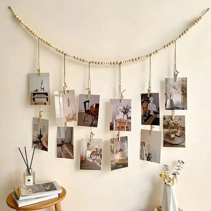 Boho Wooden Bead Fairy Photo Display - 13-Clip Double-Row Lightweight No-Nails Rustic Hanging Room Decor, Wall Decor with Push Pins, Thumbtacks, Command Hooks, Whimsical Organizer for Kid Room, Bookshelf, Ideal Roommate Gift