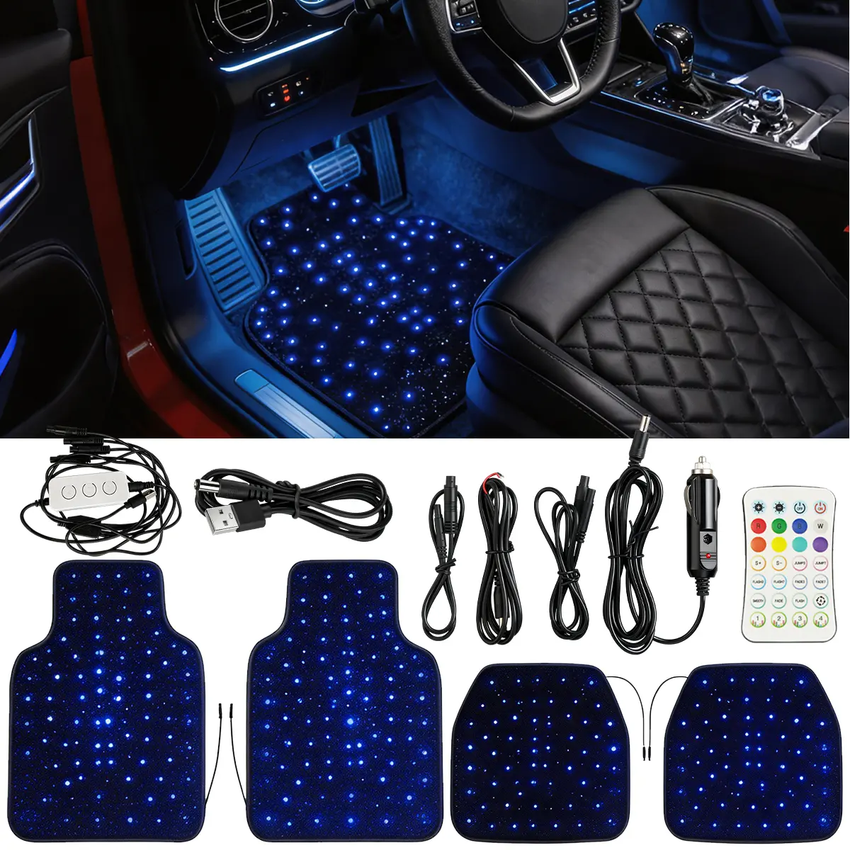 Luxury Starlight LED Car Floor Mats, 4pcs Starry Star Light Floor Mats Fiber Optic Lights APP/Remote Control Music Mode Sound Activated Interior Lights for Cars, SUVs, Trucks tiktokshopspringglowup Led Lighting