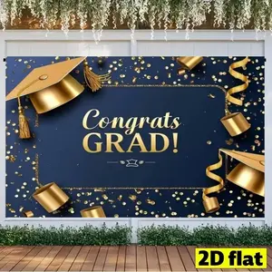 2D Flat 1pc Navy Blue Gold Graduation Backdrop Banner, Congrats Grad Cap Gold Confetti Photography Background, Ideal for High School College Graduation Party Decor, Graduation Party Decorations, Multiple Sizes Available