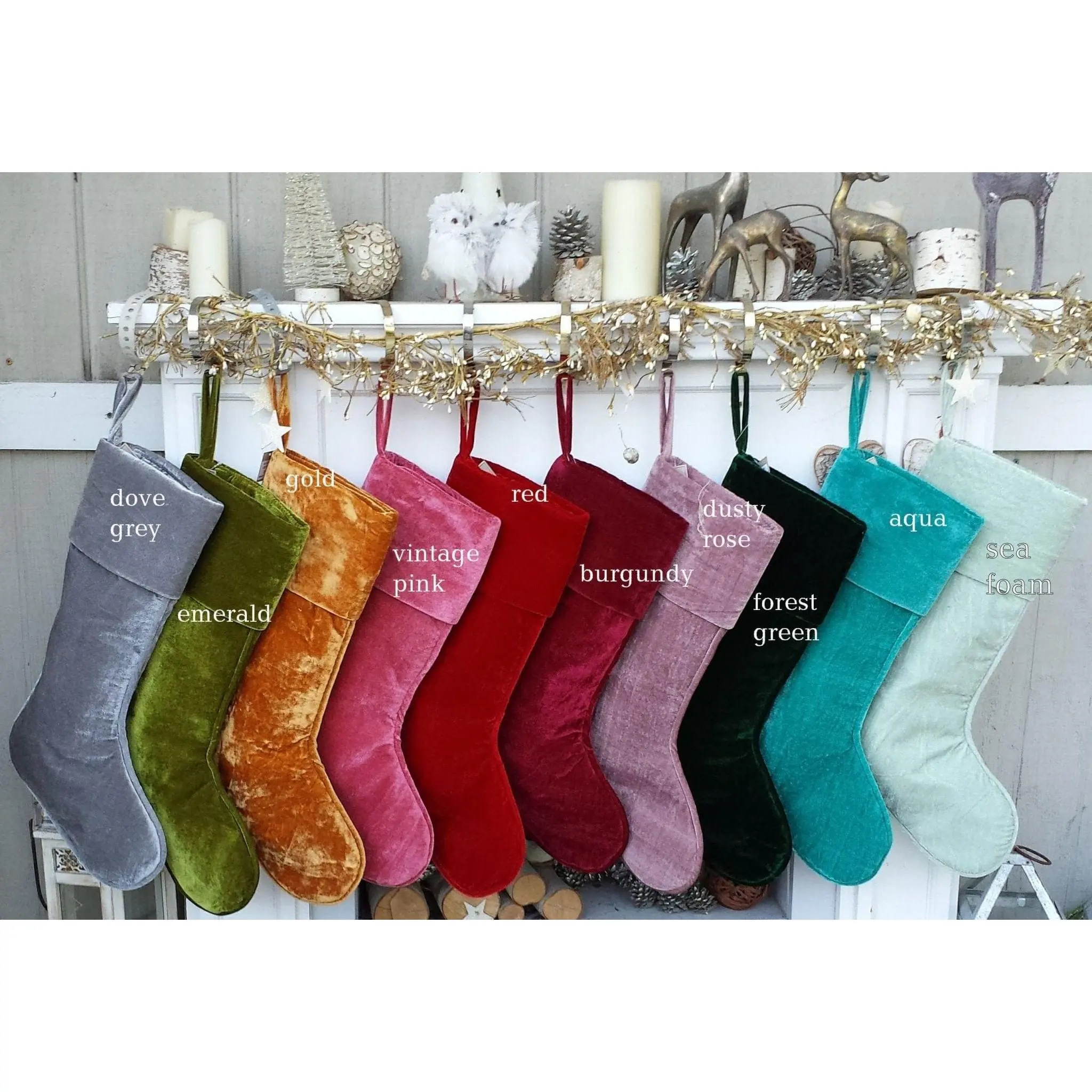 22" Large Personalized Christmas Stockings - Red Gold Green Silver Sea Foam Velvet Modern Boot - Christmas Stocking Embroidered with Names