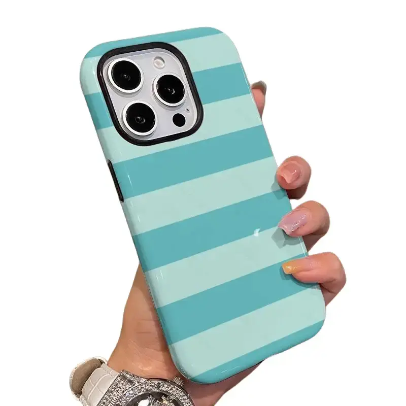 Turquoise & Mint Horizontal Stripes Glossy Phone Case, Slim Hard Shell Cover Compatible with iPhone 17/16/15/14/13/12/11, Drop-Resistant, Non-Slip, Fade-Proof, Minimalist Summer Style.