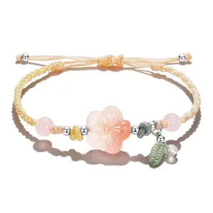Natural Salt Source Agate Small Peach Blossom Handmade Weaved Handmade Handmade Handheld Rope Dopamine Sweet Chinese Style Jewelry Bracelet Female Gift