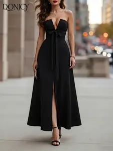 Women's Sexy Strapless Long Dress, Structured Fabric, Deep V Neck with Belt and High Split, Evening Formal Gown with Hidden Straps, Womenswear