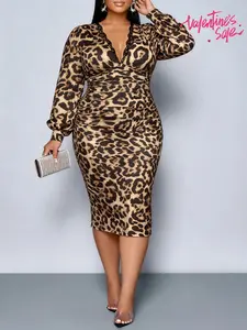 Elegant Leopard Print Bodycon Dress, Deep V Neck Lace Long Sleeve, High Waist Split Back Party Dress, Fall Fashion Women's Clothing