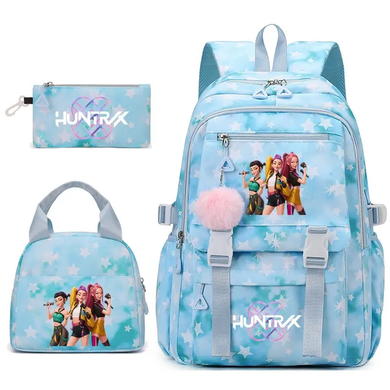 K‑Pop Anime Hunters Blue Tie‑Dye Star Print 17 Inch 3‑Piece Backpack Set with Pom‑Pom Charm, Multi‑Pocket Girls School Bookbag with Lunch Tote Bag and Pencil Pouch, Casual Daypack for Teen Girls Women