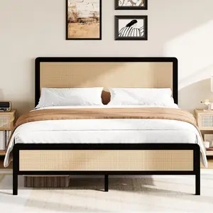 HOMBCK Rattan Bed Frame, No Mattress, Metal Platform Bed with Headboard, with Steel Slats Support, No Box Spring Required, Easy Assembly