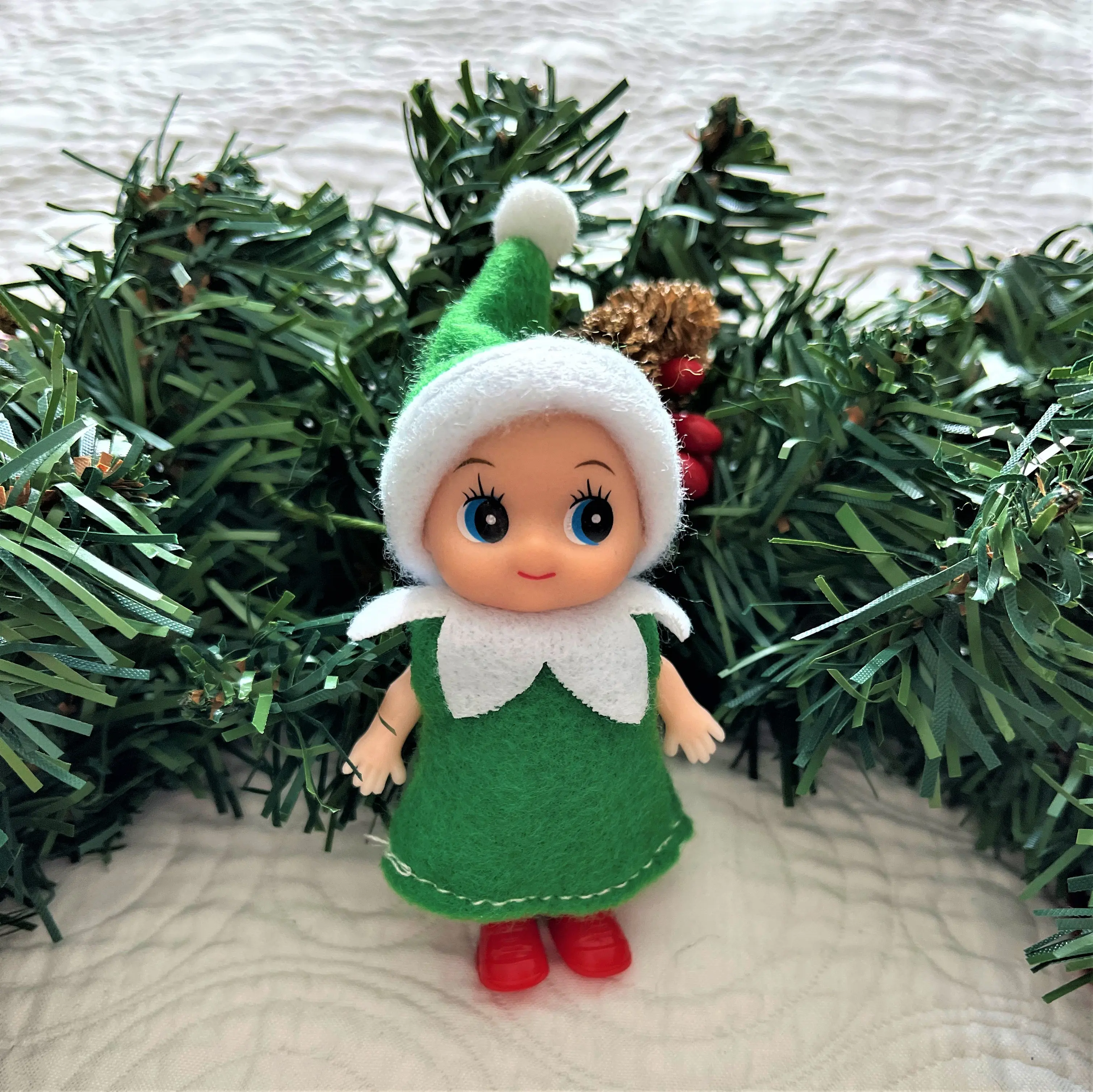 Green Baby Elf Wearing a Dress, Green Toddler Elf, Christmas Elf Figurine