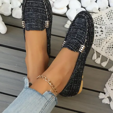 Women's Casual Textile Slip-On Shoes, Soft Sole Comfortable Rubber Bottom, Metal Buckle Decorative Design, All Season Fashion Footwear, Slip On Lightweight, Soft Soled, Summer Flat, Slip On Flats, Lazy Shoes, Leisure Shoes