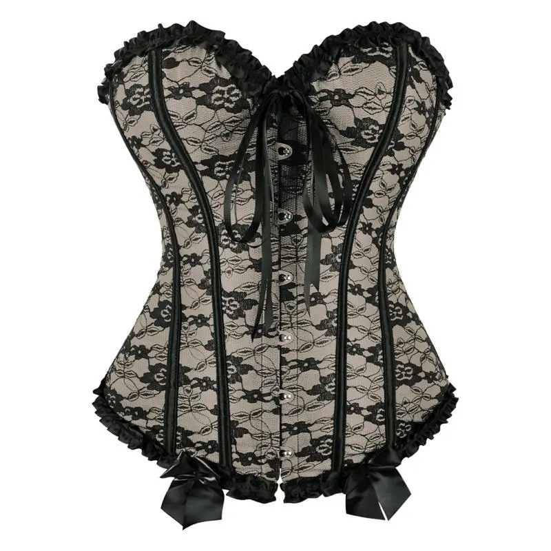 Women's Gothic Lace Overbust Corset Top - Victorian Elegance Aesthetic, Adjustable Fit, Comfortable Polyester Clothes, Gothic Romance Style, Black Corset Tops