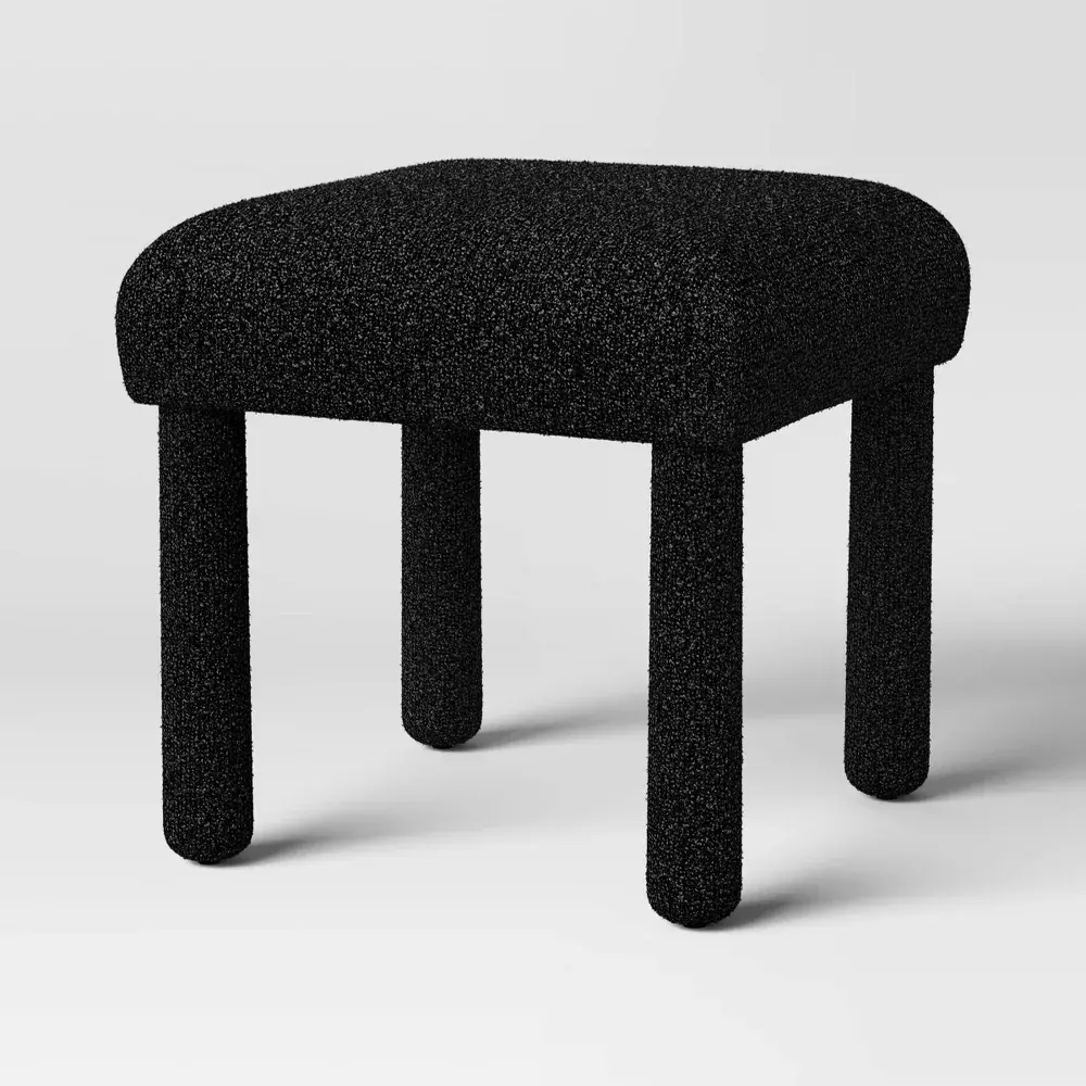 Room Essentials Upholstered Stool Ottoman Ottomans and Benches Living Modern Polyester Black Boucle 17.5in H x W D