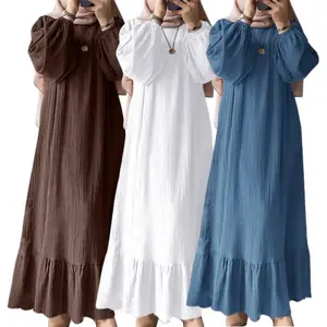 NewMuslimWomenRobeDressSpringAutumnFashionLongSleeveRuffleAbayaMidEastLadyCasualA-lineDresses