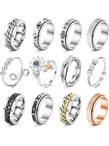 12Pcs Fidget Anxiety Rings for Women Men - Spinner Fidget Rings for Anxiety Relieving Stress Flower Moon Star Stainless Steel Rings Adjustable Size 8