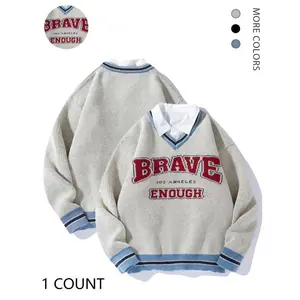 Men's 2-IN-1 Letter Print Drop Shoulder Collared Sweater, Loose Casual Preppy Striped Trim Long Sleeve Button Jumper for Spring & Fall, Fashion Men's Knitwear for Daily Wear