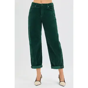 Women's RISEN Retro Basic Stretchy High-Rise Cuffed Hem Cropped Barrel-Cut Corduroy Bottoms Pants