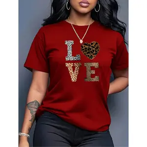 Women's Short Sleeve Round Neck T-Shirt - Love & Leopard Heart Print, Medium-Stretch Opaque Fabric, Machine Washable Spring/Summer Casual Blouse Top (Layering Piece), Shortsleeve, Tshirt