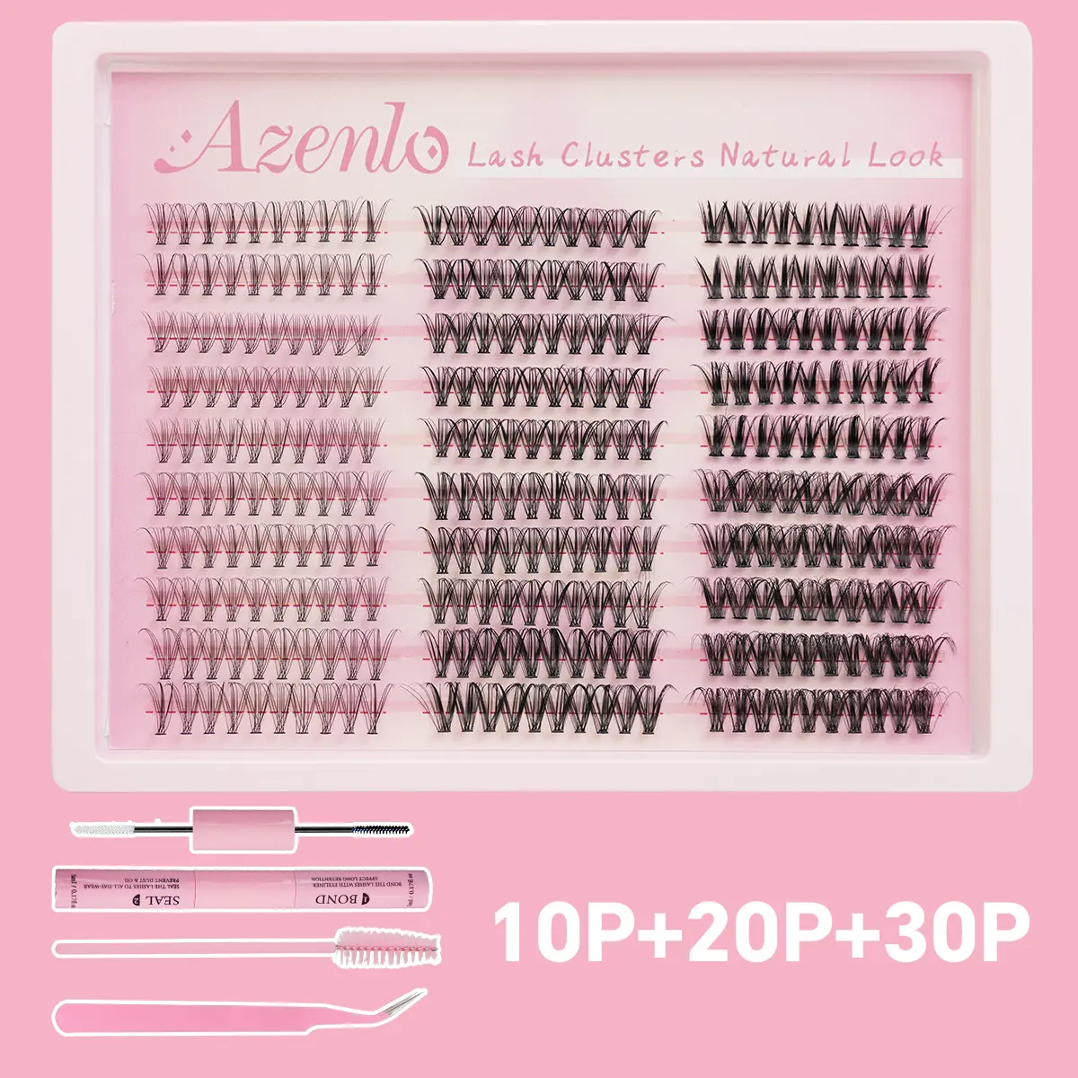 AZENLO FASH Hybrid False Eyelash Set - 10p+20p+30p Flat Powder Tow, Eyelash Adhesive, Sealant, Tweezers, Brush & Eyelash Curler for Curled Eyelashes Makeup Cosmetic inspeauty lashes