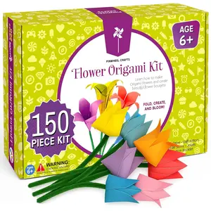 Flower Origami Kit for Kids Ages 8-12 | 150 Pcs Origami Paper Kit w/Multicolor Folding Papers, Chenille Stems, Buttons and Jewels, Arts and Crafts Paper Book for Kids Ages 6+