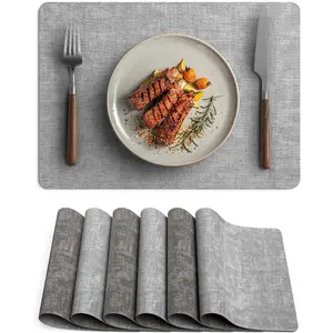 Faux Leather Vinyl Placemats Set of 6 Wipeable Heat Resistant Place Mats 100% Washable-Waterproof-Anti Slip Reversible Table Mats For Kitchen,Dining,Party, 12" x 16.5", Smokey Grey & Dark Grey